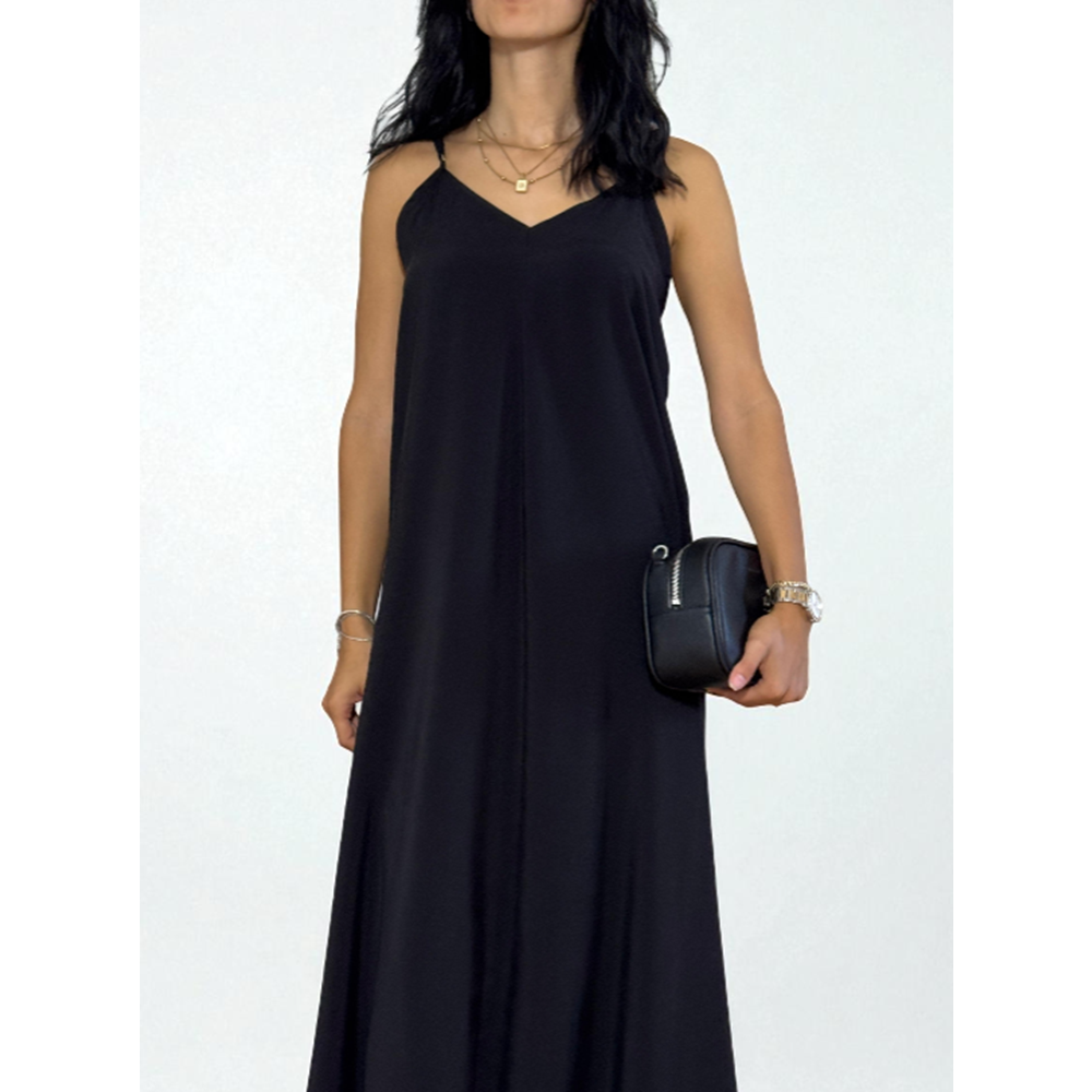 Askılı Sırt Dekolteli Siyah Uzun Elbise