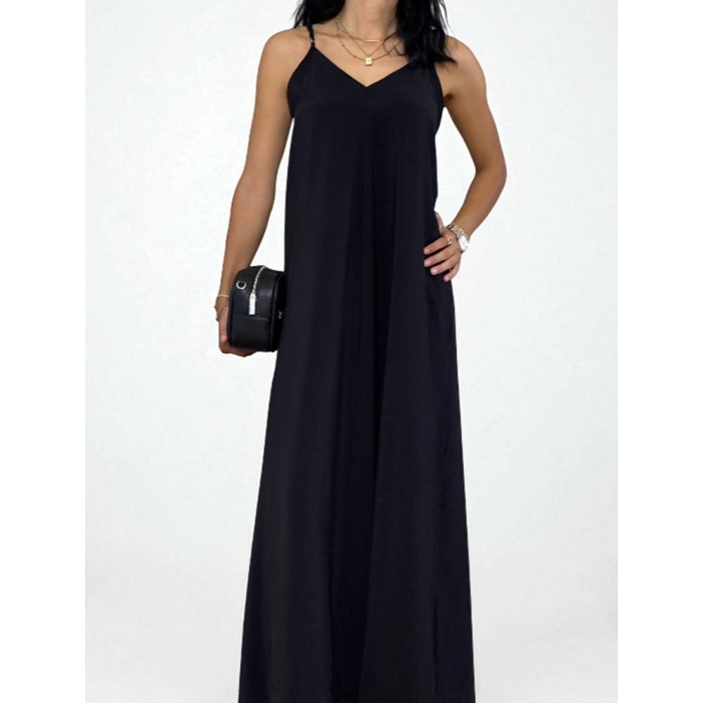 Askılı Sırt Dekolteli Siyah Uzun Elbise
