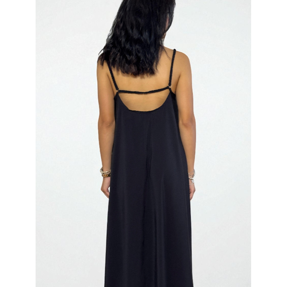 Askılı Sırt Dekolteli Siyah Uzun Elbise