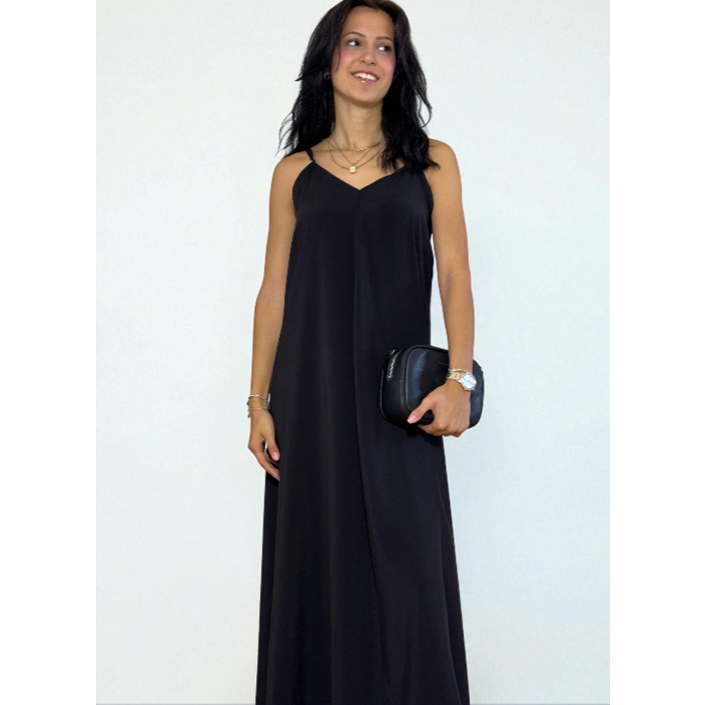 Askılı Sırt Dekolteli Siyah Uzun Elbise