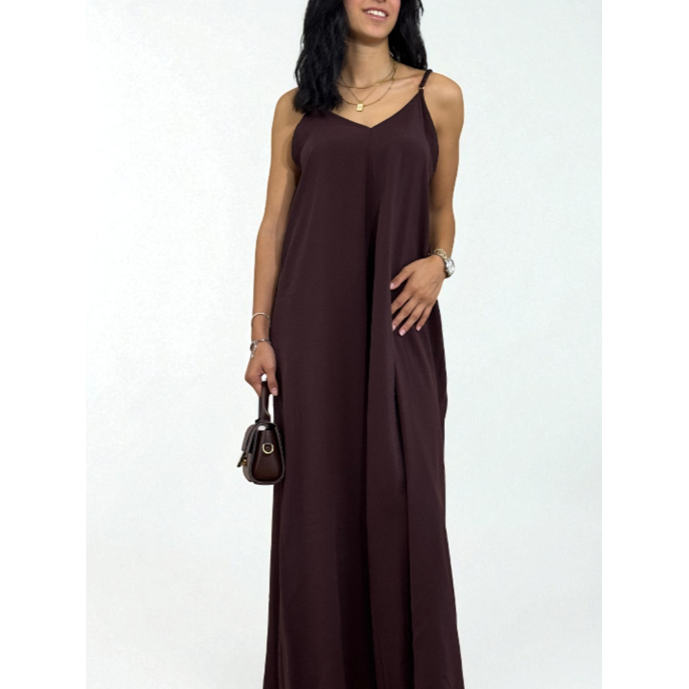 Askılı Sırt Dekolteli Kahverengi Uzun Elbise