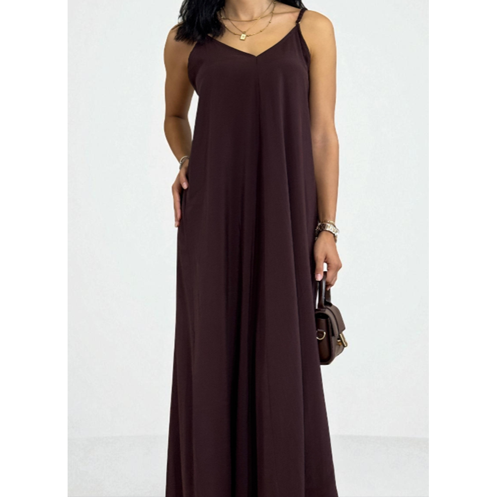 Askılı Sırt Dekolteli Kahverengi Uzun Elbise