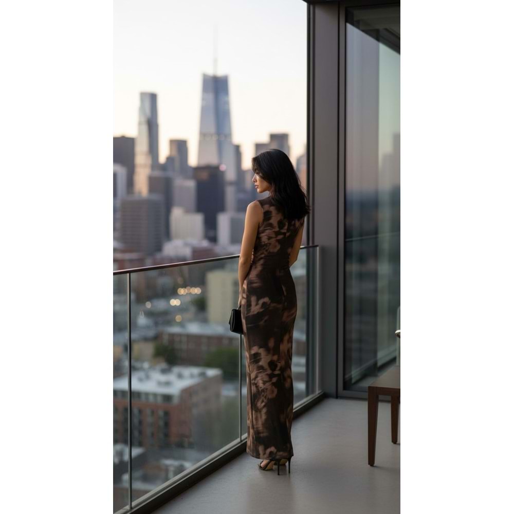 Kahverengi Pembe Desenli Uzun Elbise