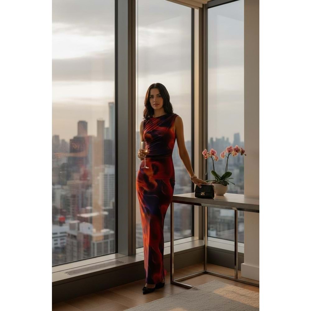 Vücudu Saran Renkli Uzun Elbise