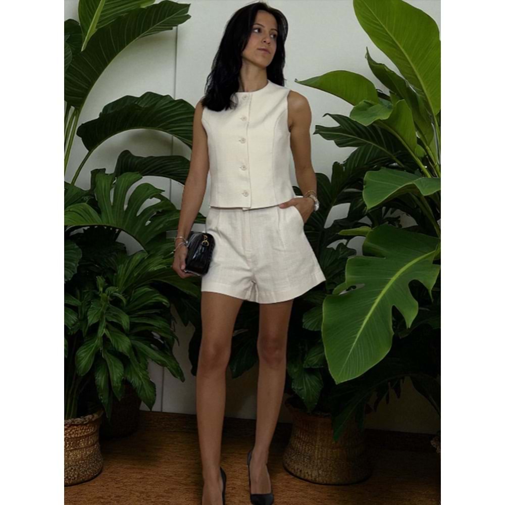 Krem Rengi Keten Şortlu Takım