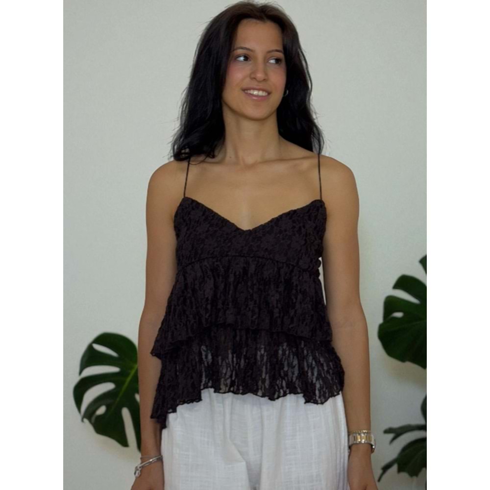 Dantelli Askılı Kahverengi Bluz