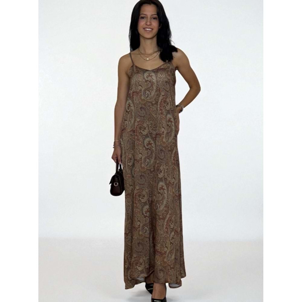 Desenli Askılı Uzun Elbise