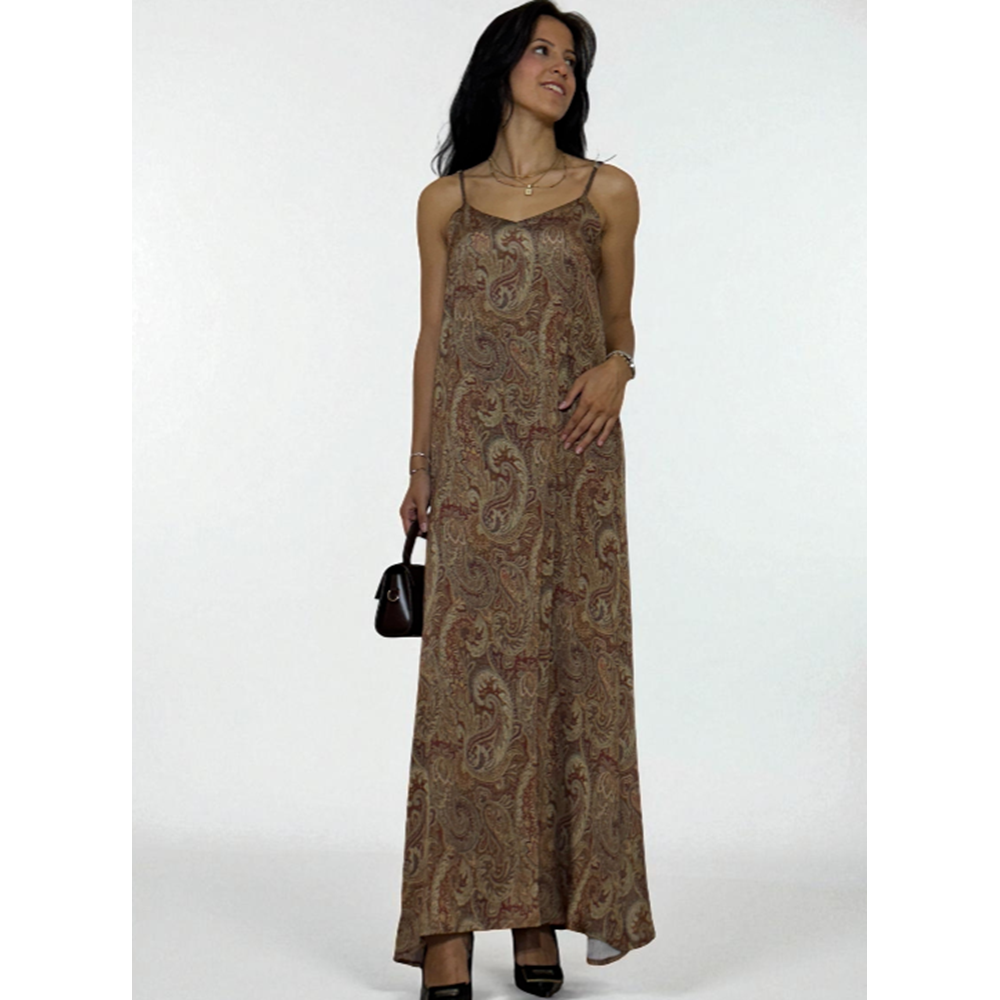 Desenli Askılı Uzun Elbise