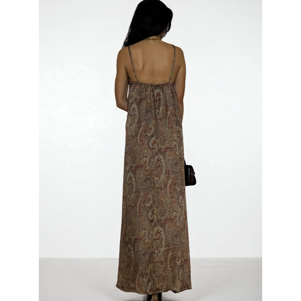 Desenli Askılı Uzun Elbise