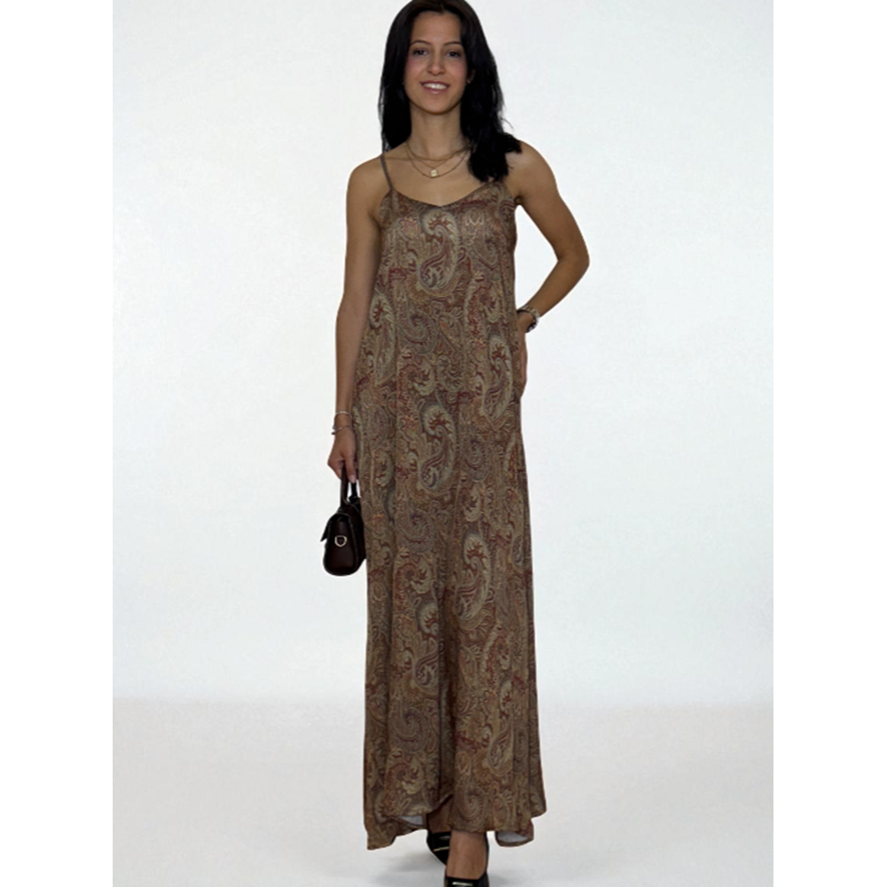 Desenli Askılı Uzun Elbise