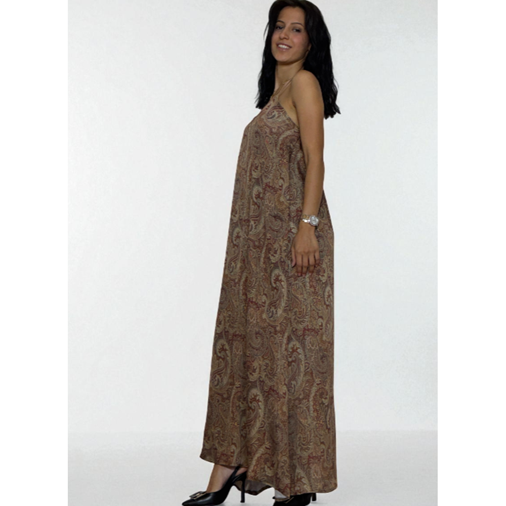 Desenli Askılı Uzun Elbise