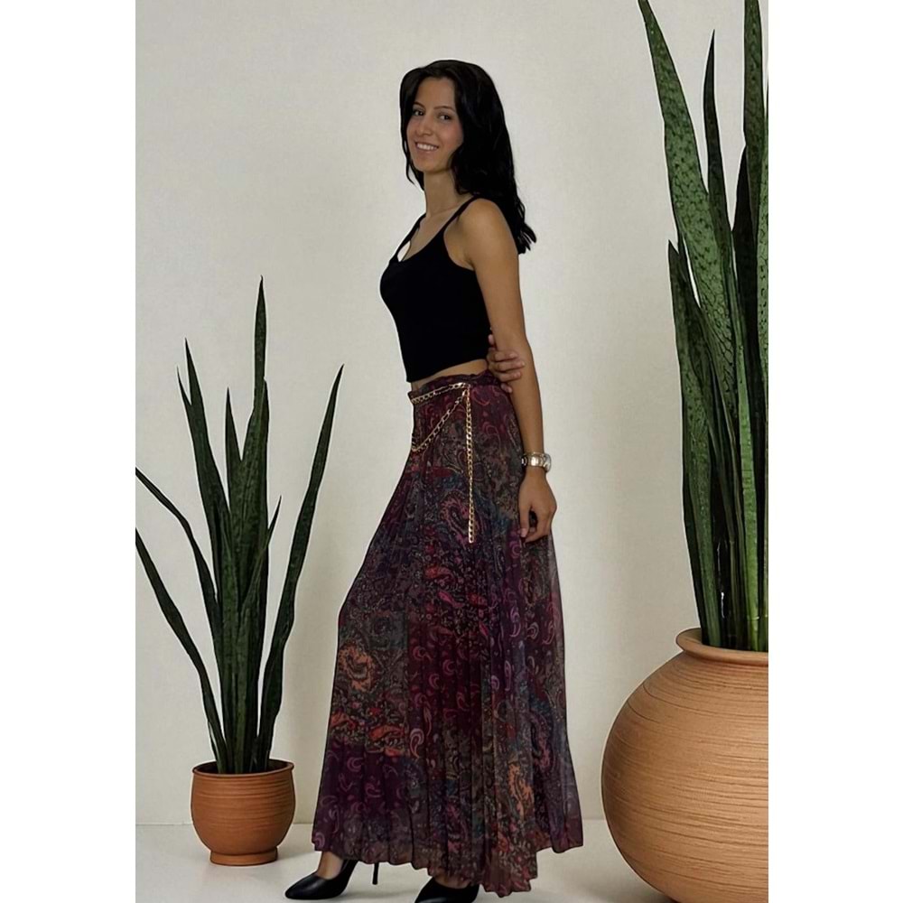 Piliseli Desenli Zincir Detaylı Etek