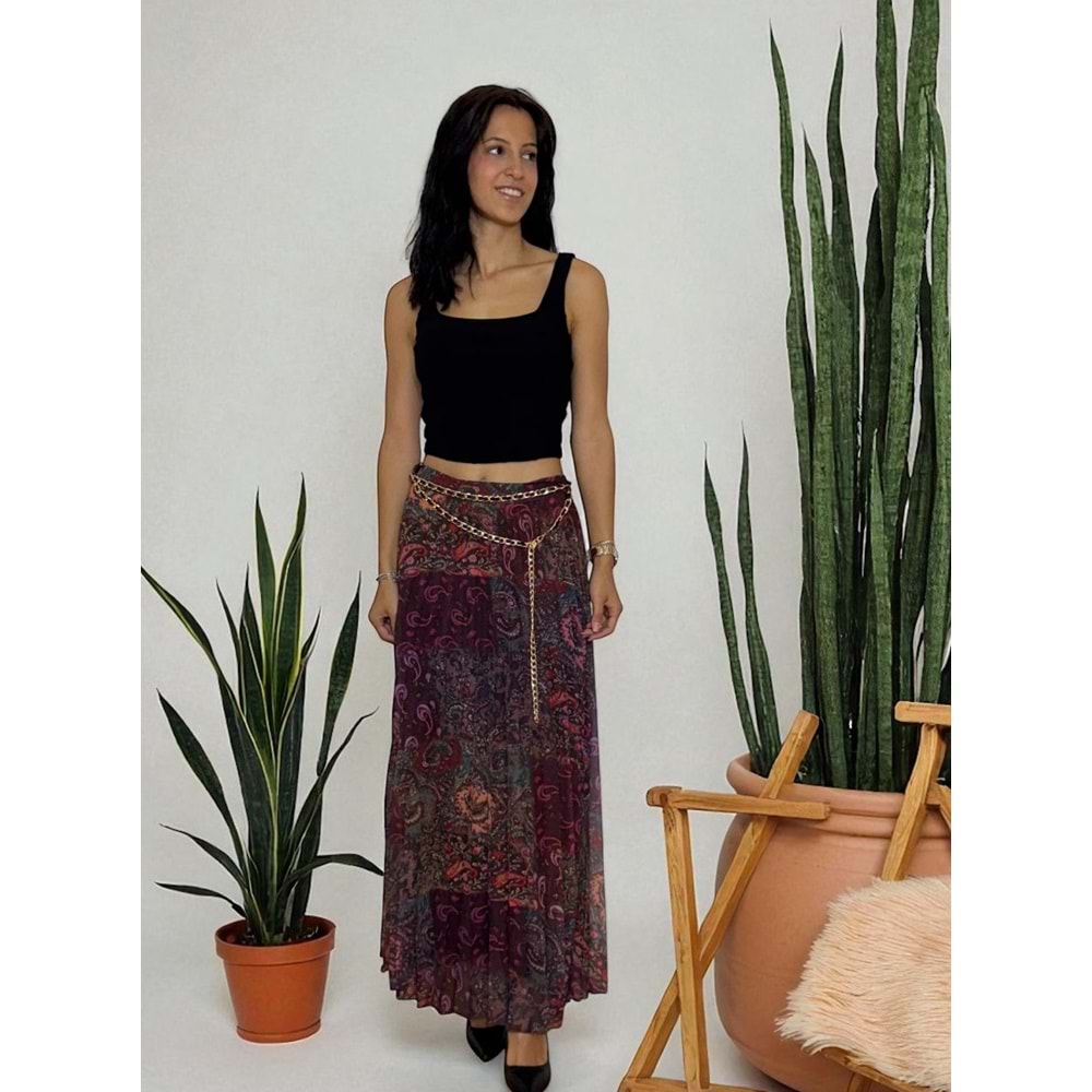 Piliseli Desenli Zincir Detaylı Etek