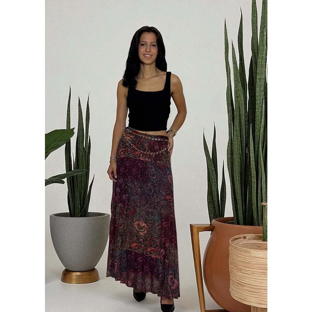 Piliseli Desenli Zincir Detaylı Etek