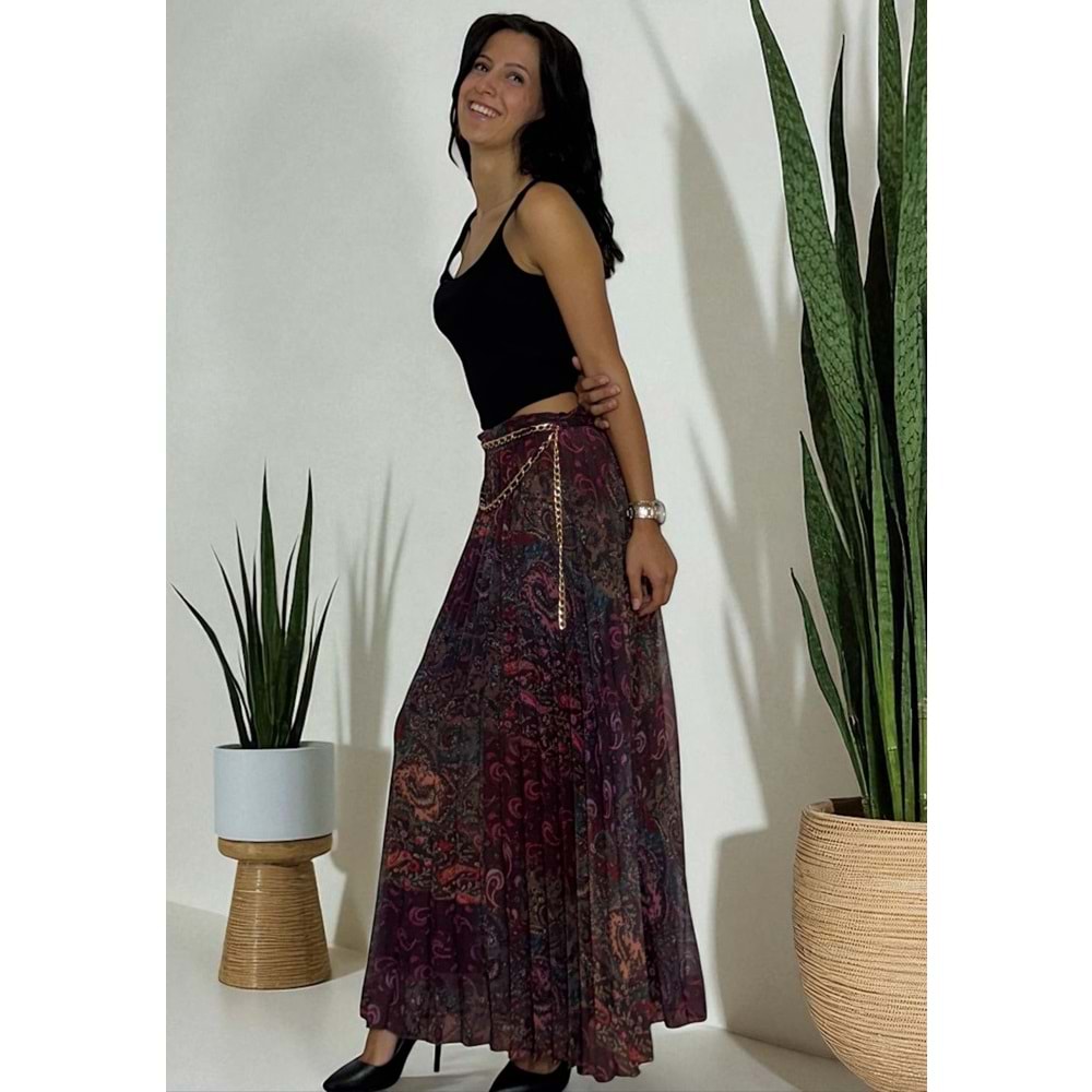 Piliseli Desenli Zincir Detaylı Etek