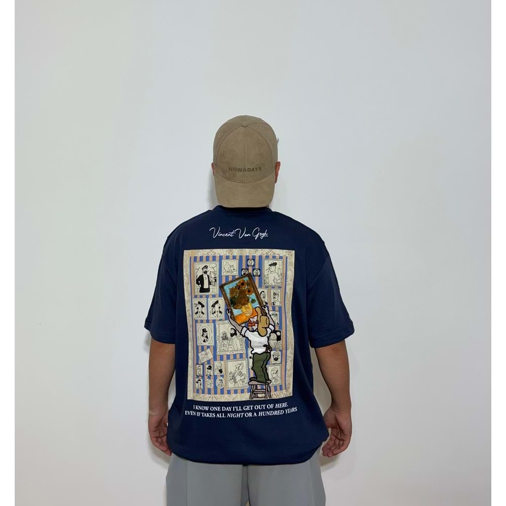 Sunflowers Baskılı Oversize Lacivert T-Shirt