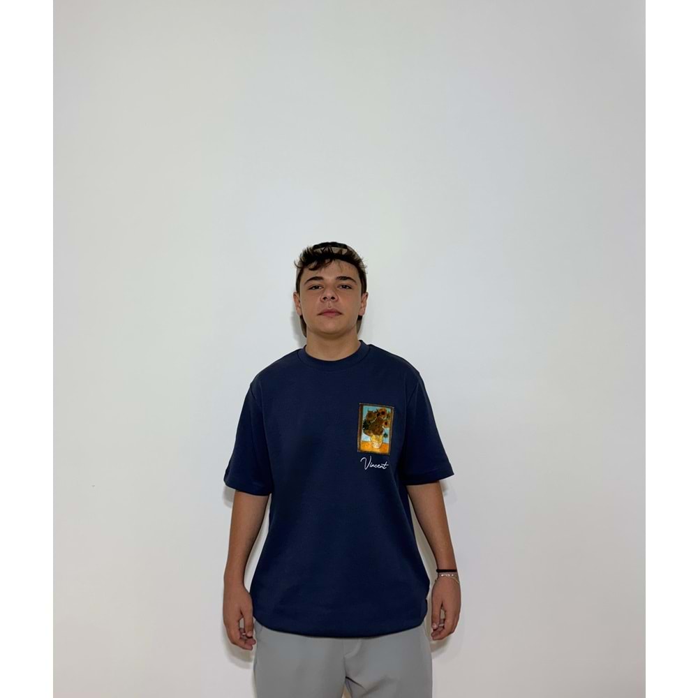 Sunflowers Baskılı Oversize Lacivert T-Shirt