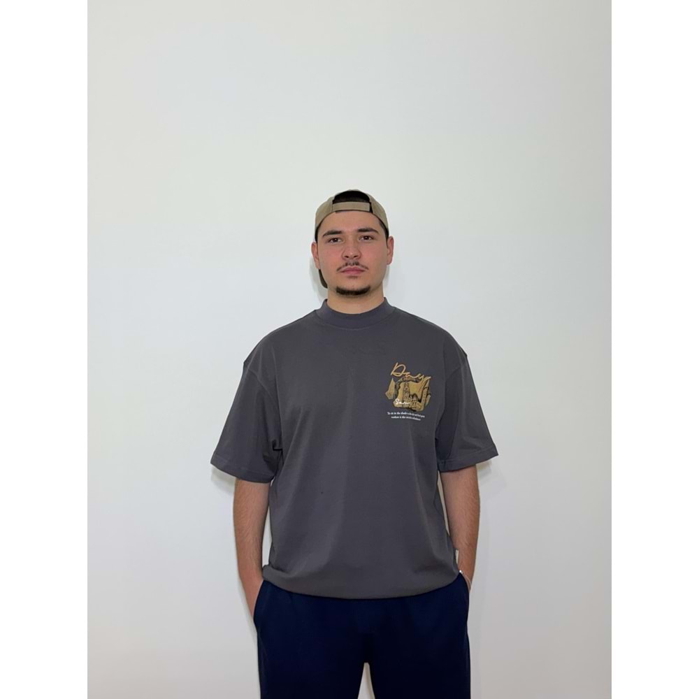 Day Baskılı Oversize Gri T-Shirt