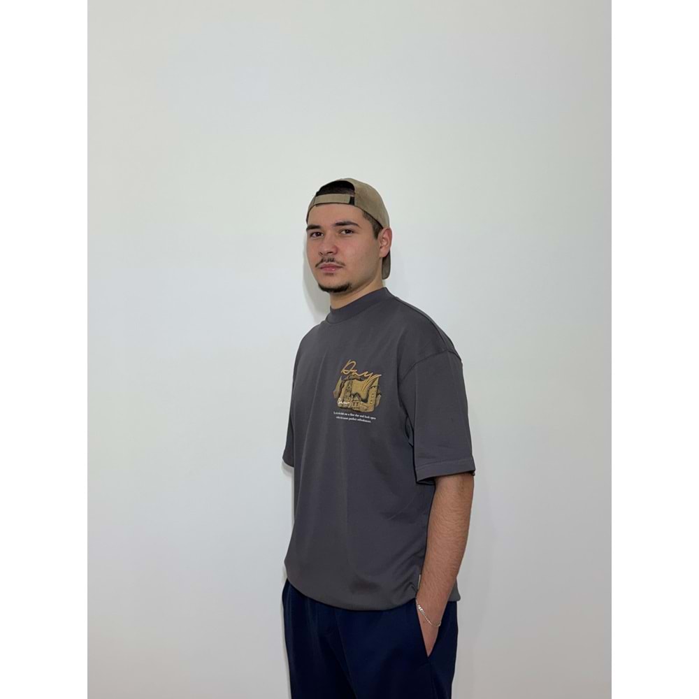 Day Baskılı Oversize Gri T-Shirt