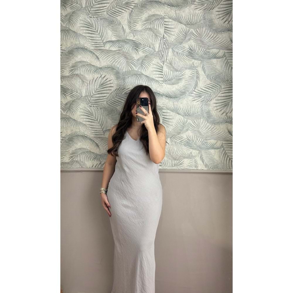 Taş Rengi Viskon Kumaş Uzun Elbise