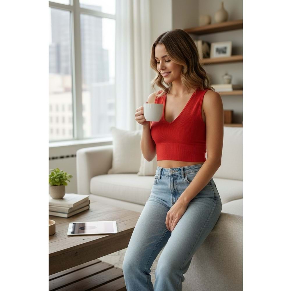 Oranj V Yaka Dekolteli Bluz