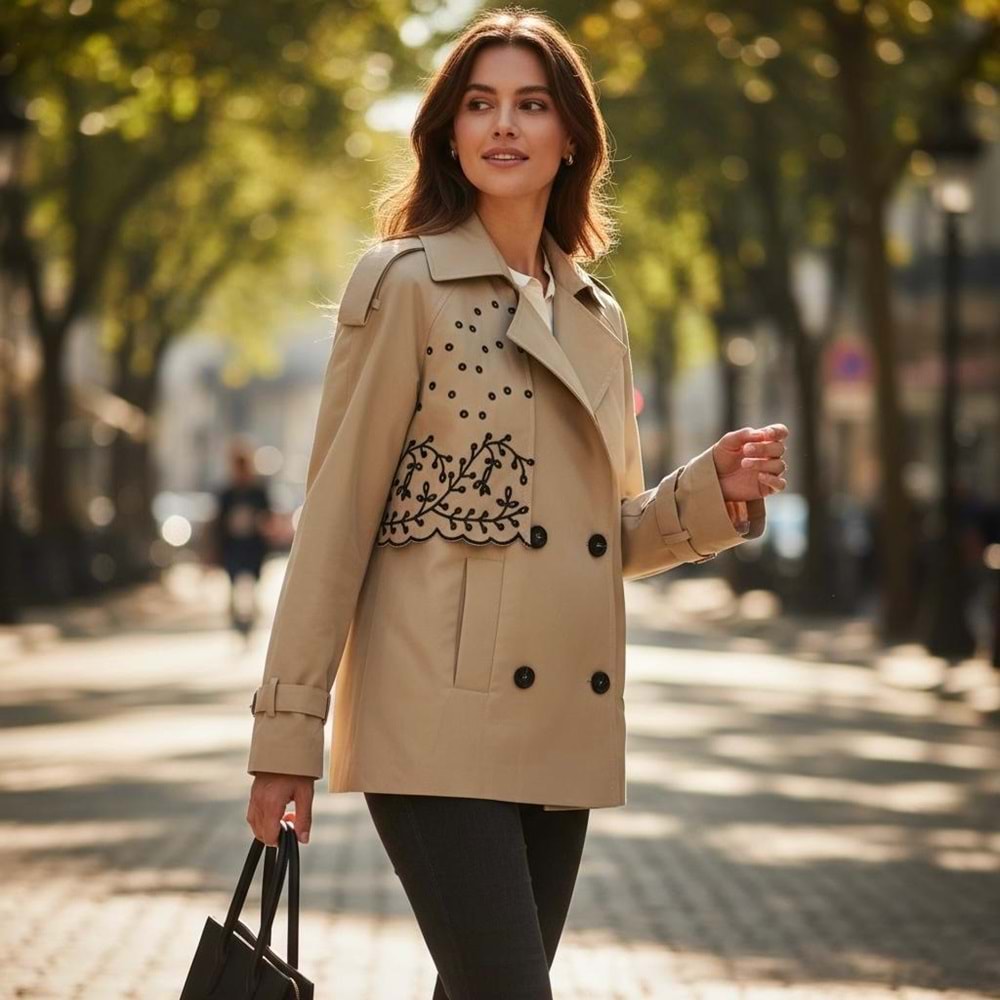 Bej Nakışlı Trençkot
