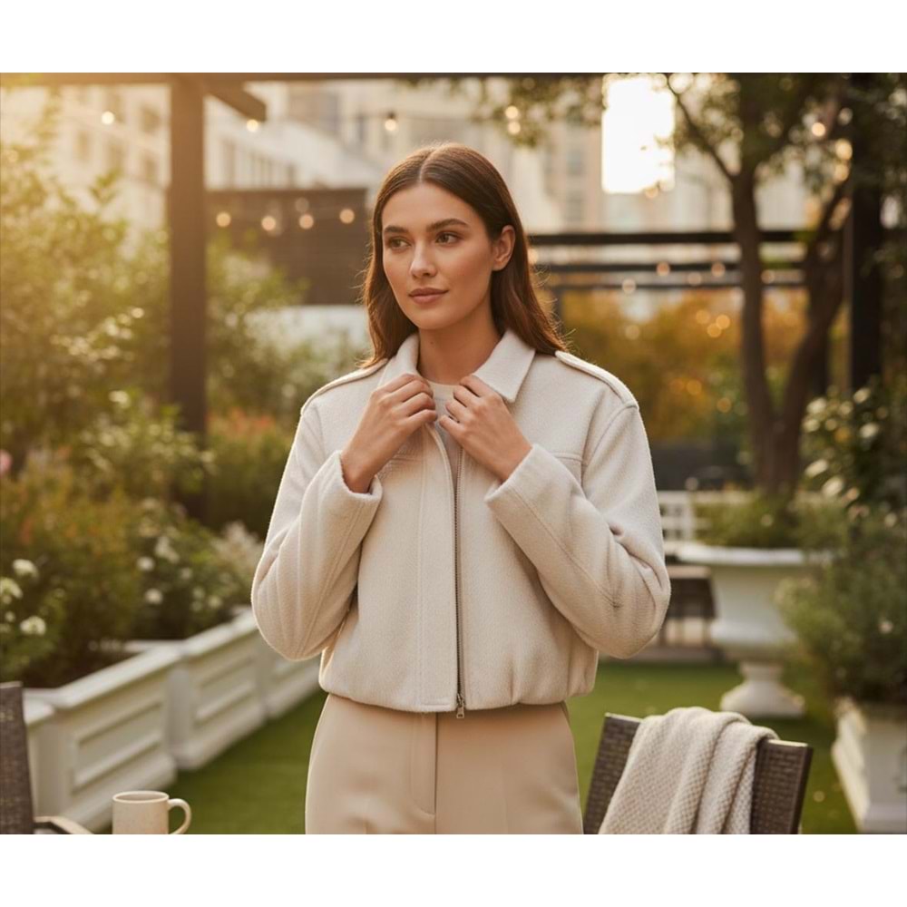 Krem Kısa Form Fermuarlı Crop Ceket