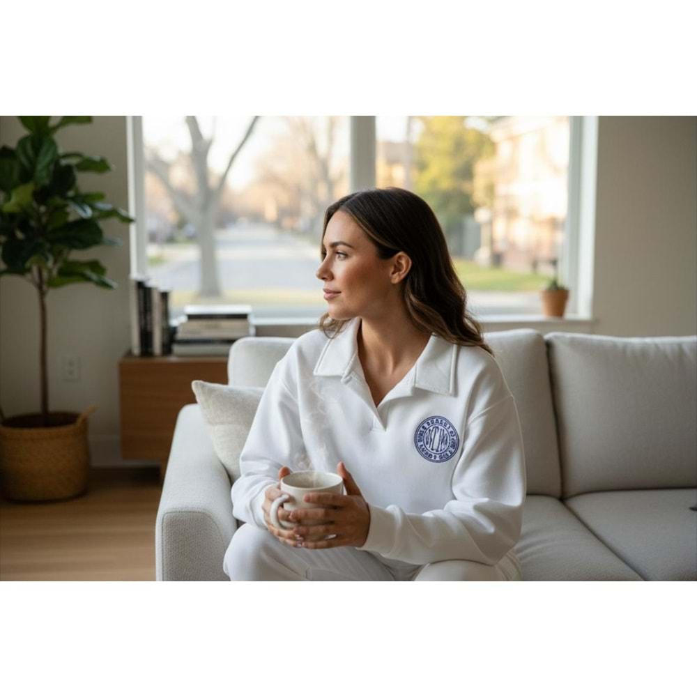 Polo Yaka Crop Baskılı Şardonlu Sweatshirt