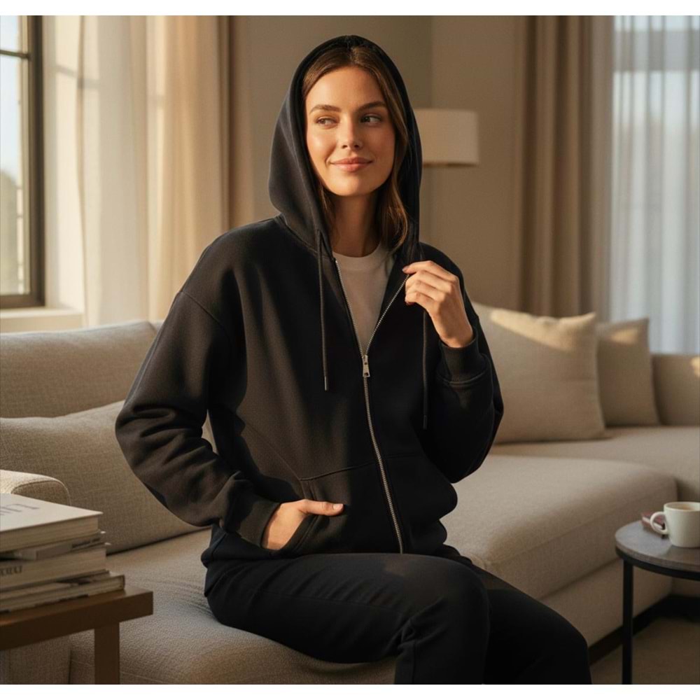 Siyah Fermuarlı Kapüşonlu Cep Detay Hırka