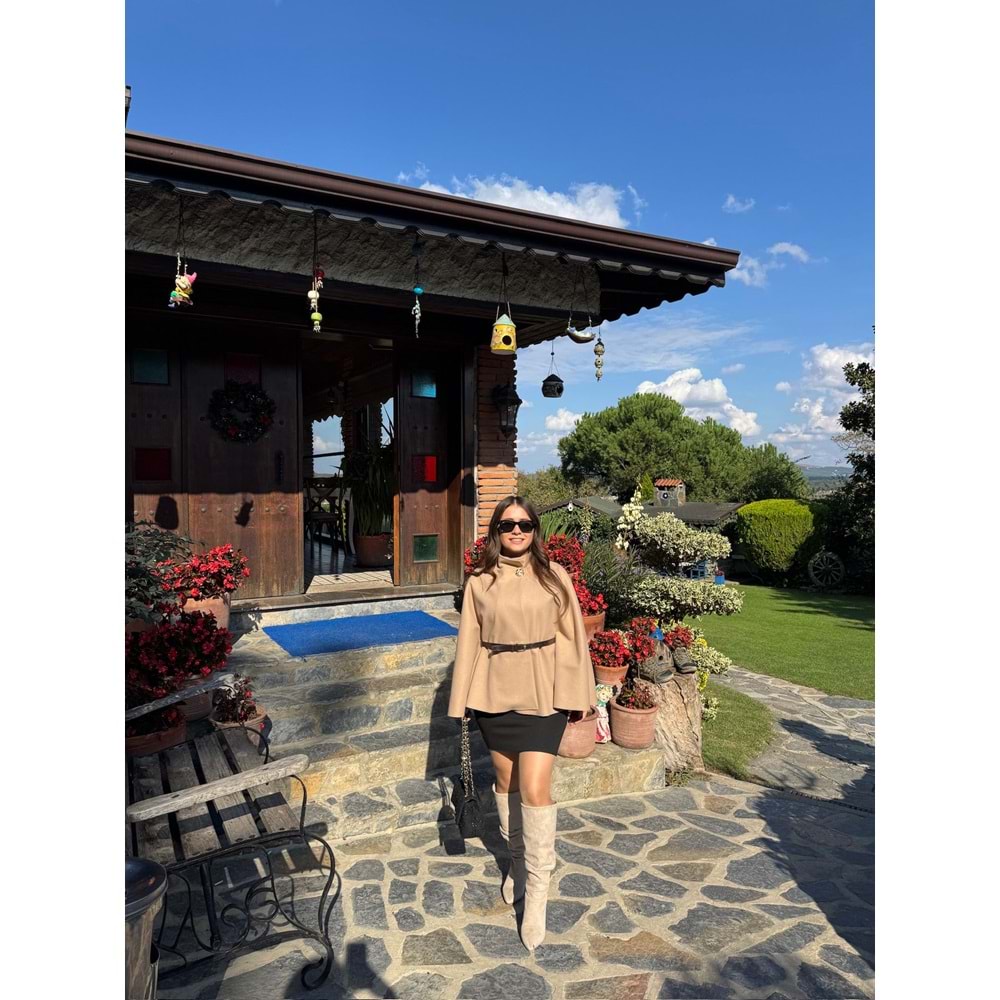 Açık Camel Kemerli Gold Tokalı Panço