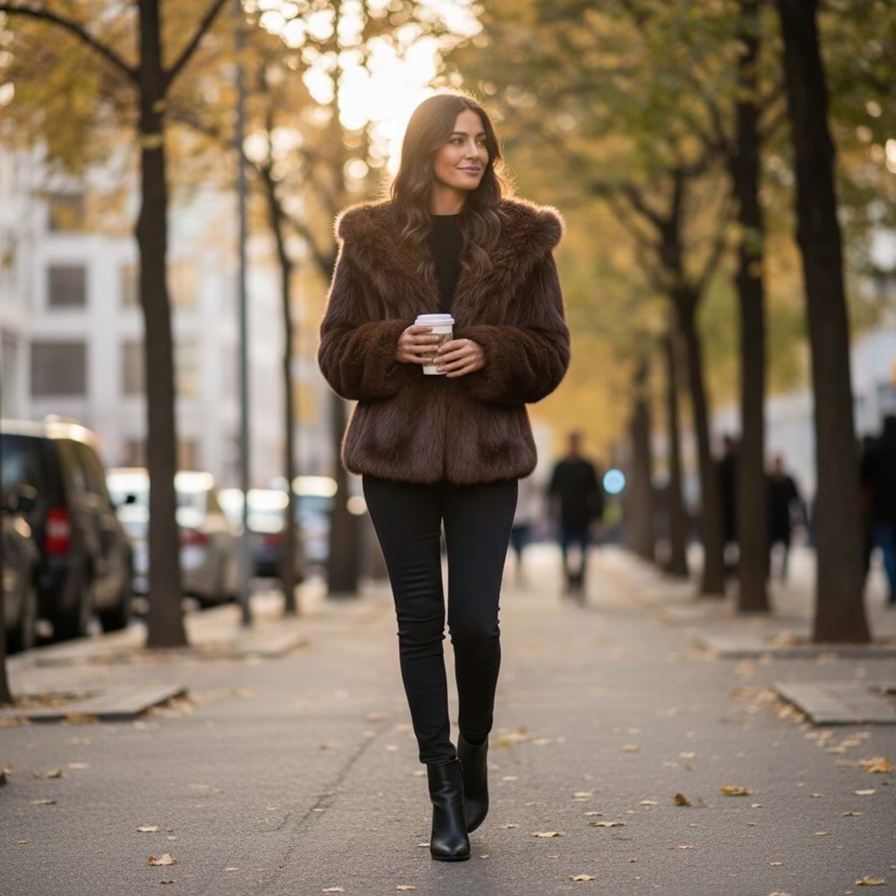 Çıtçıtlı Acı Kahve Şal Yaka Astarlı Premium Kürk