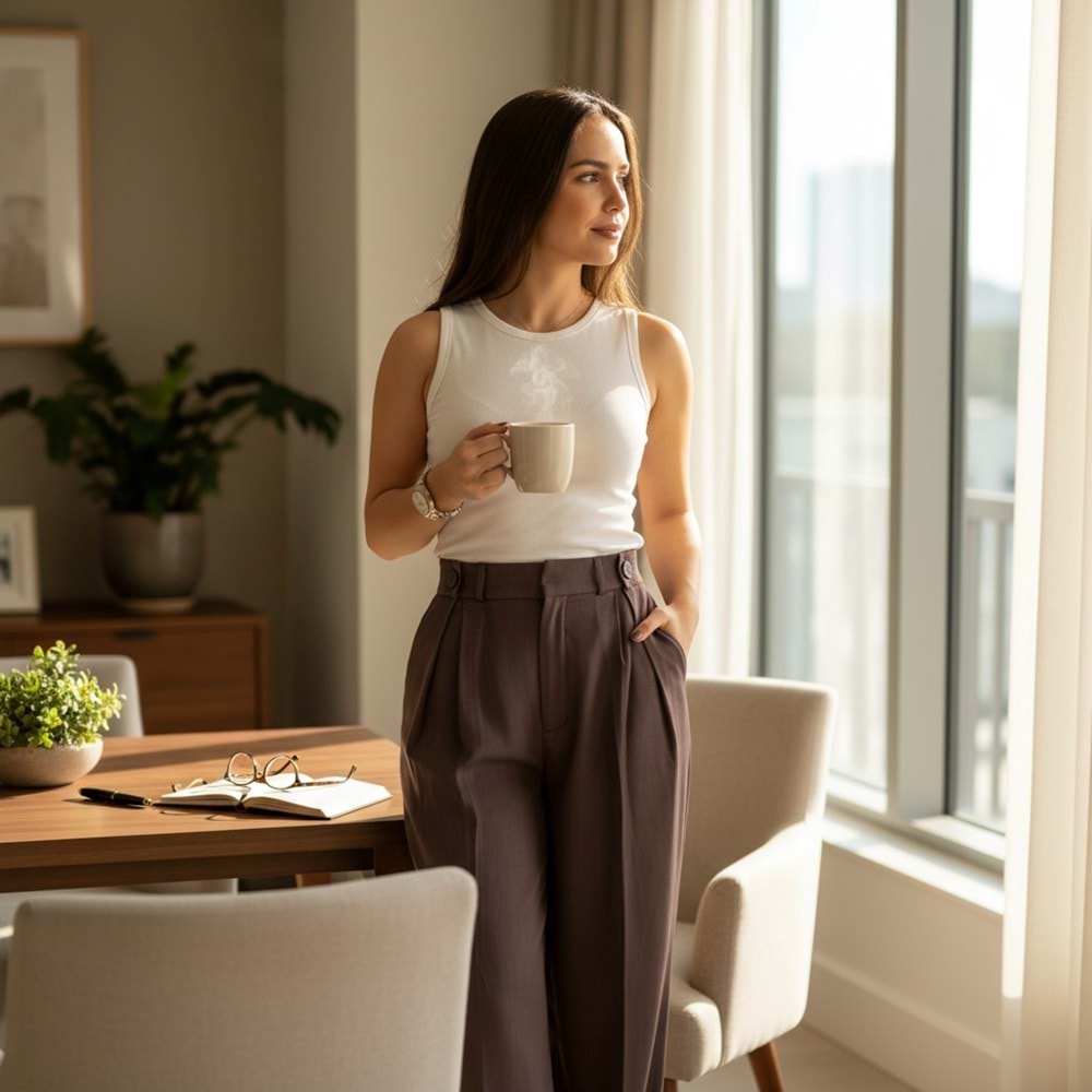 Düğme Detay Kahverengi Pileli Poliviskon Premium Pantolon