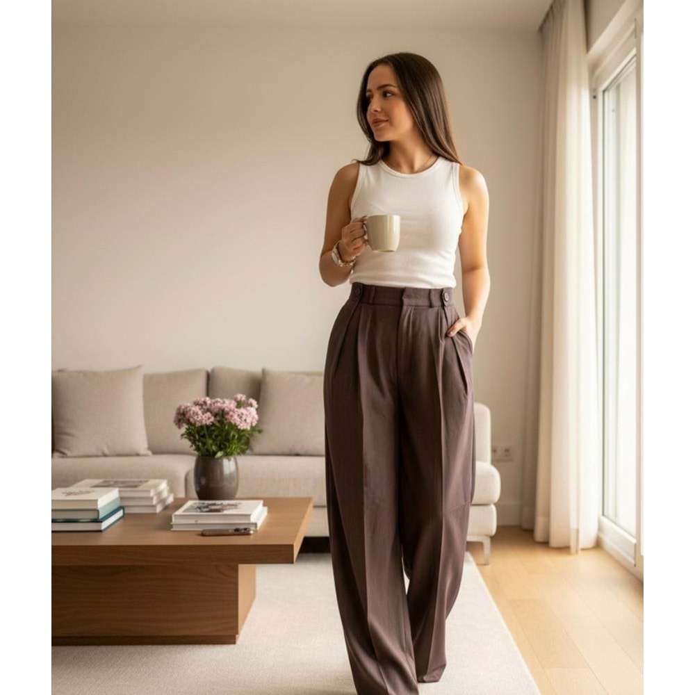 Düğme Detay Kahverengi Pileli Poliviskon Premium Pantolon