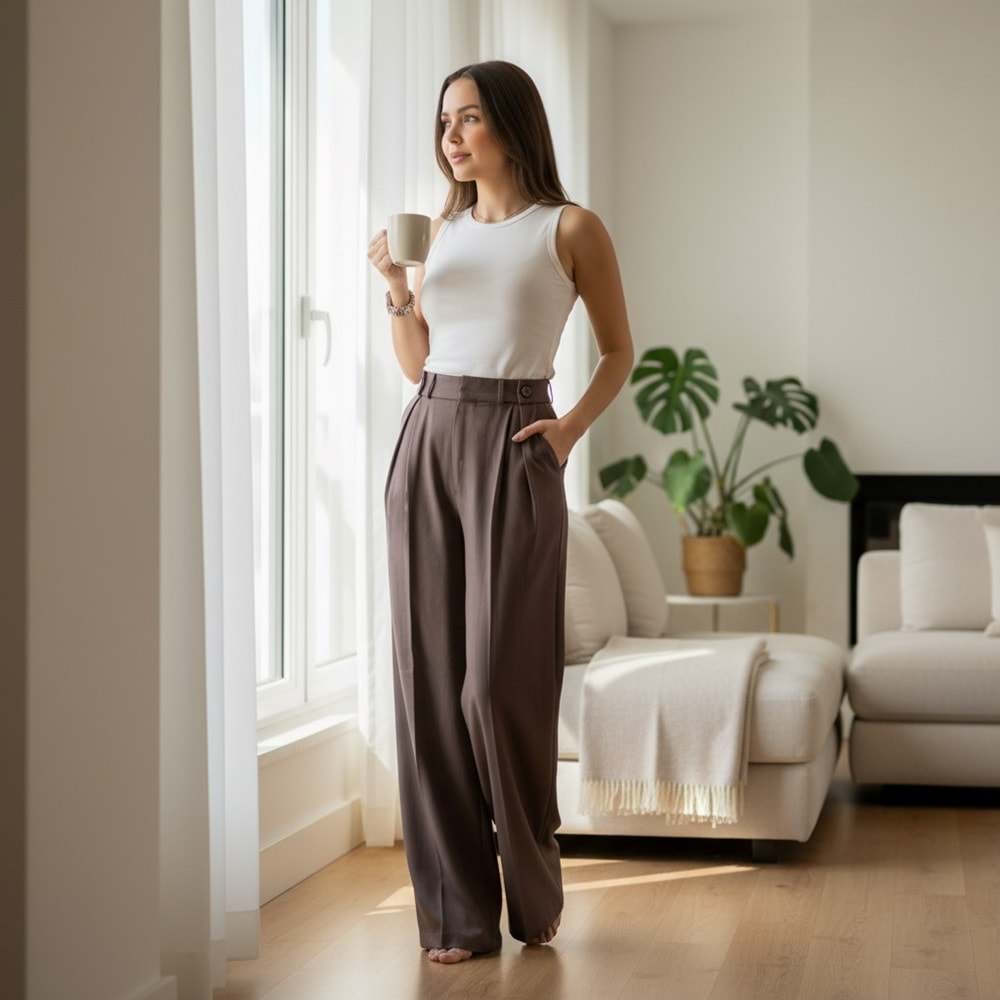 Düğme Detay Kahverengi Pileli Poliviskon Premium Pantolon