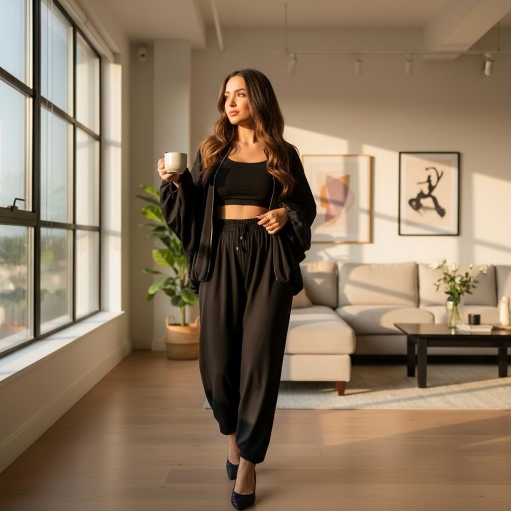 Siyah Saten Bomber Ceket Pantolon Takım