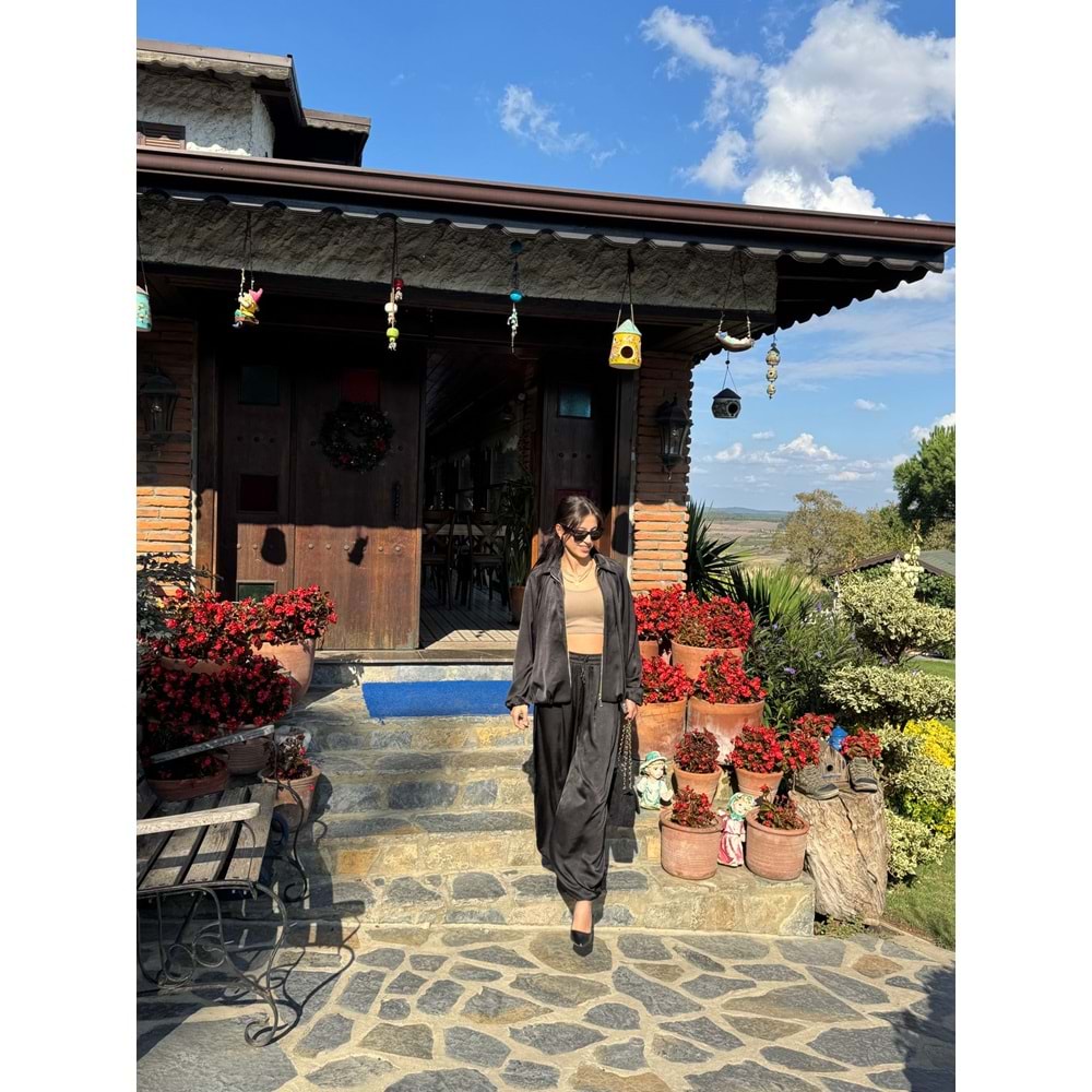 Siyah Saten Bomber Ceket Pantolon Takım