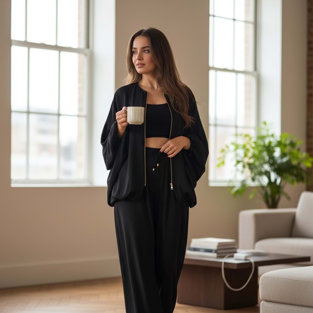 Siyah Saten Bomber Ceket Pantolon Takım