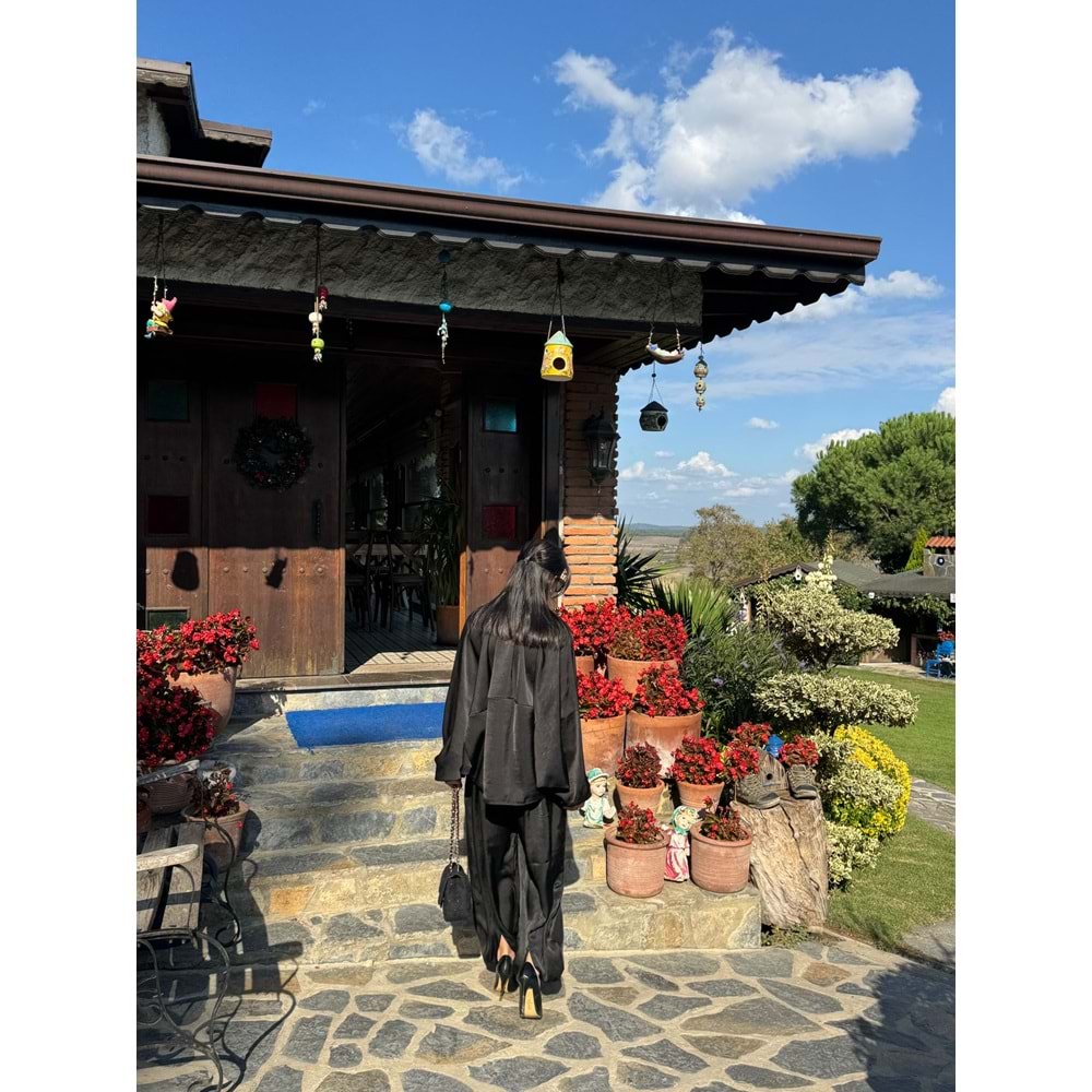 Siyah Saten Bomber Ceket Pantolon Takım