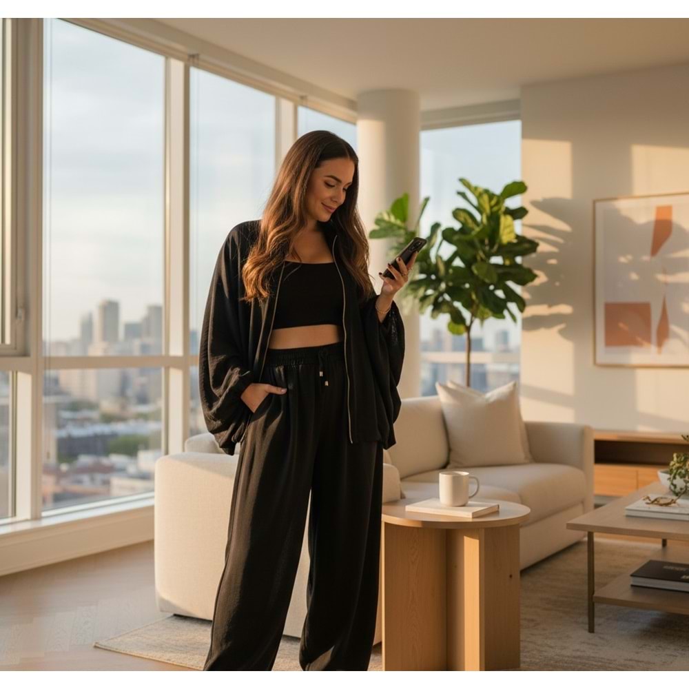 Siyah Saten Bomber Ceket Pantolon Takım