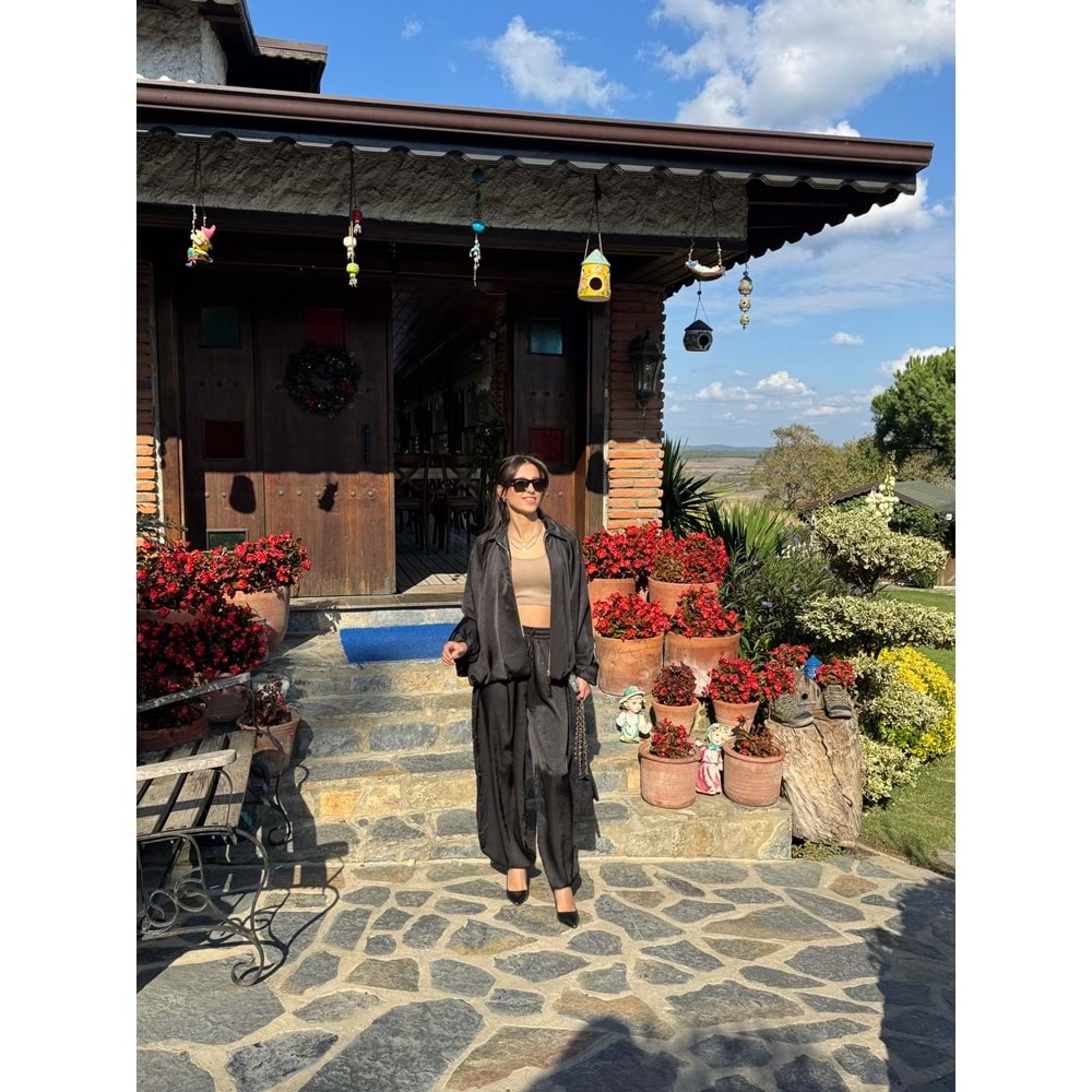 Siyah Saten Bomber Ceket Pantolon Takım