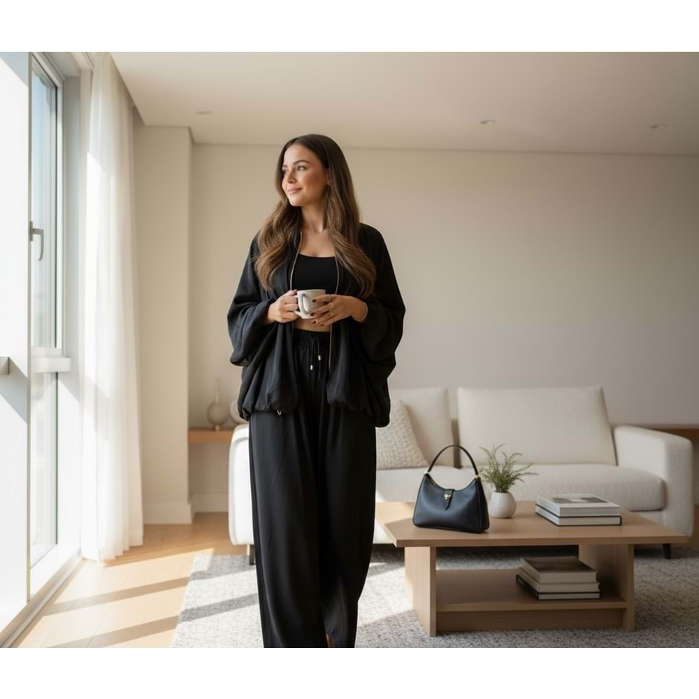 Siyah Saten Bomber Ceket Pantolon Takım