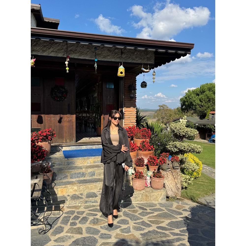 Siyah Saten Bomber Ceket Pantolon Takım