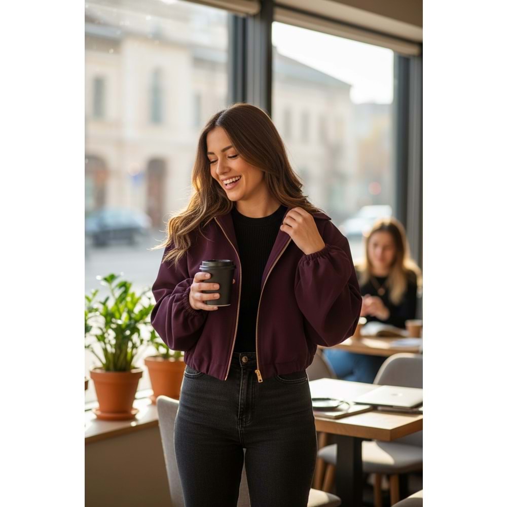 Mürdüm Altın Fermuarlı Bomber Ceket