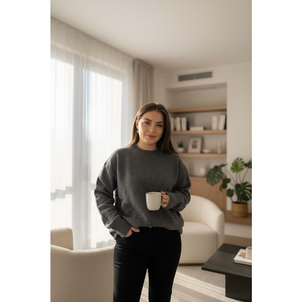 Antrasit Bisiklet Yaka Uzun Kazak