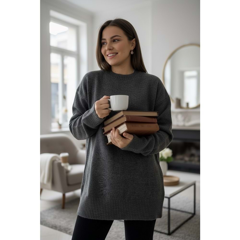 Antrasit Bisiklet Yaka Uzun Kazak