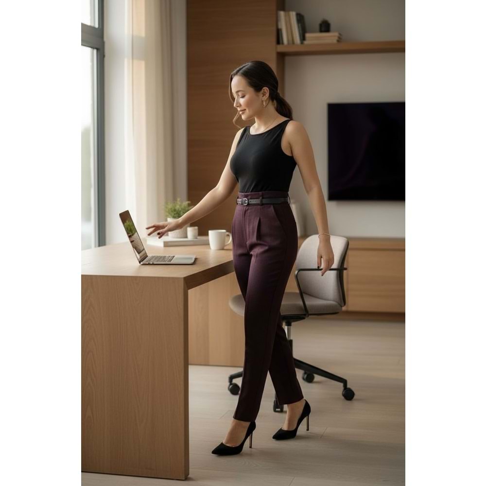 Kemerli Premium Mürdüm Kumaş Pantolon