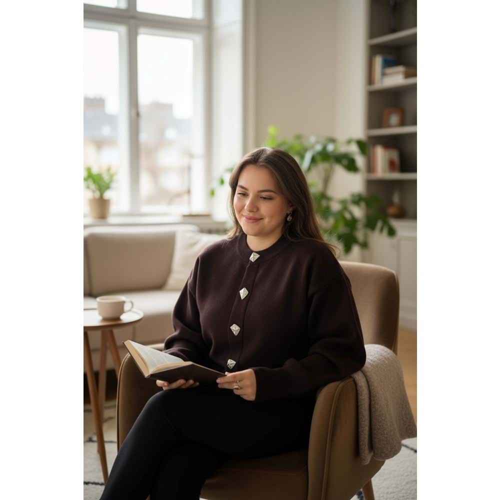 Koyu Kahve Üçgen Düğmeli Premium Hırka