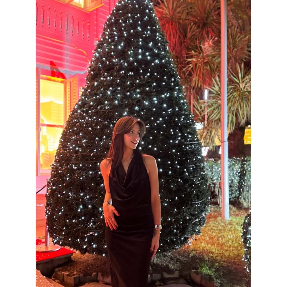 Kadife Siyah Sırt Dekolteli Davet Elbisesi