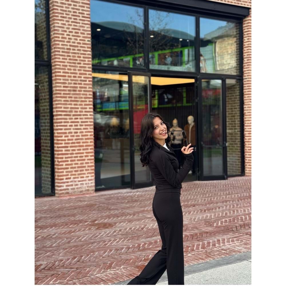 Siyah El Geçirmeli Cepli İspanyol Paça Yırtmaçlı Tayt Hırka Takım