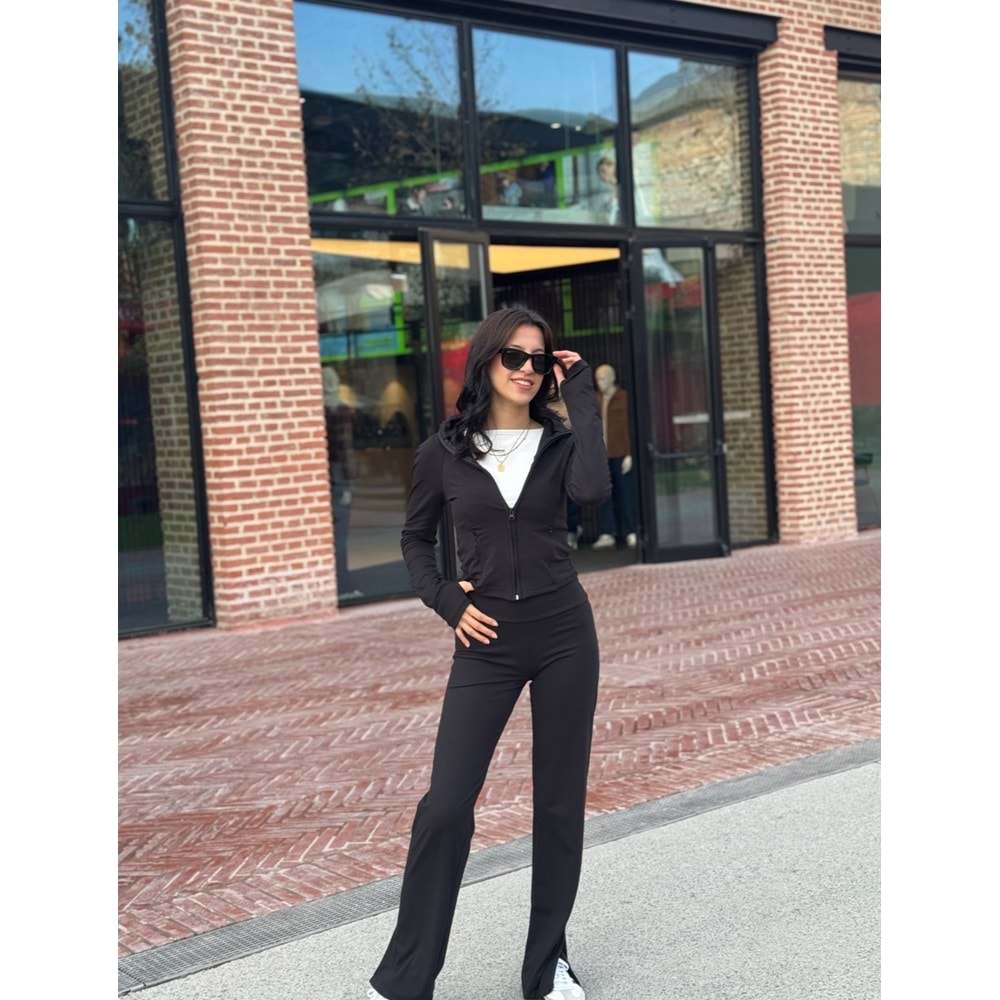 Siyah El Geçirmeli Cepli İspanyol Paça Yırtmaçlı Tayt Hırka Takım